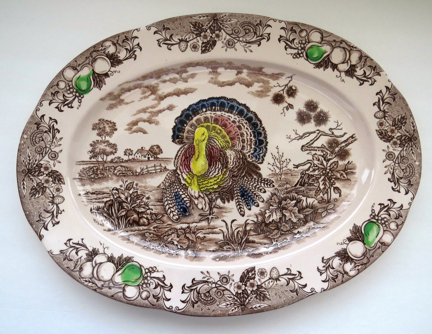 Vintage Turkey Platter – Brown Multicolored Transferware – Medium Oval 