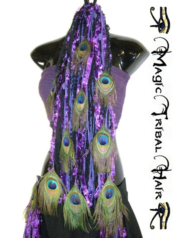 Purple YARN hair FALLS with PEACOCK feathers by MagicTribalHair