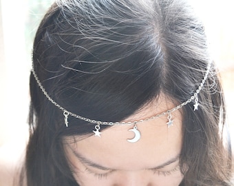 Silver Crescent Moon and Stars Head Chain