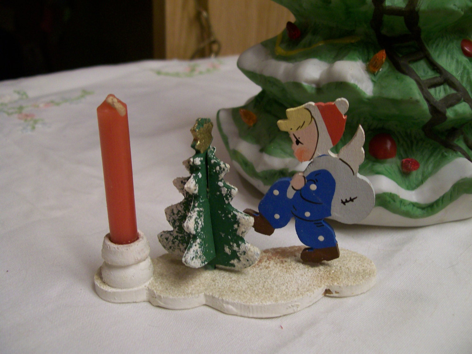 German Christmas Candleholder Vintage Wood Girl Tree Candle