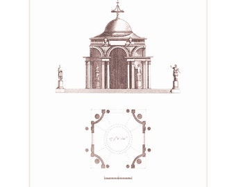 Decorative Garden Architecture Temple for a Flower Garden Wall Art. Sepia Garden Temple with plans showing Temple for a Flower Garden.