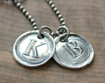 Personalized Wax Seal Necklace, Vintage Typewriter Key Necklace, Fine Silver Initial Necklace, Monogramed Initial Necklace - Kay Necklace