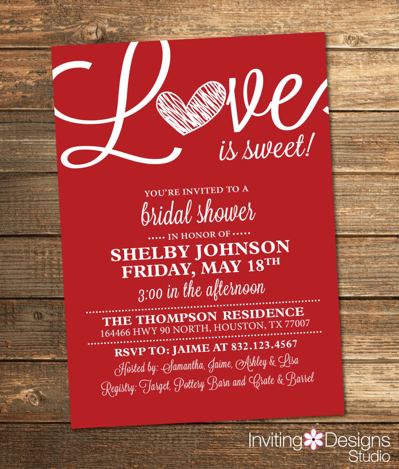 Bridal Shower Invitation Love is Sweet Heart Red White