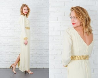 Vintage 60s 70s Cream Wedding Dress Emma Domb Maxi Embellished Medium 5153