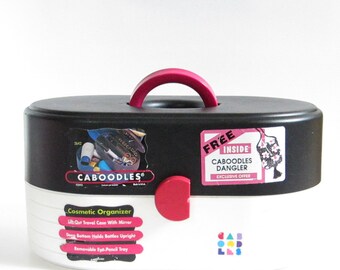 Caboodles Makeup Box Vintage Black, White & Pink Plastic Cosmetics or Jewelry Organizer Travel Case