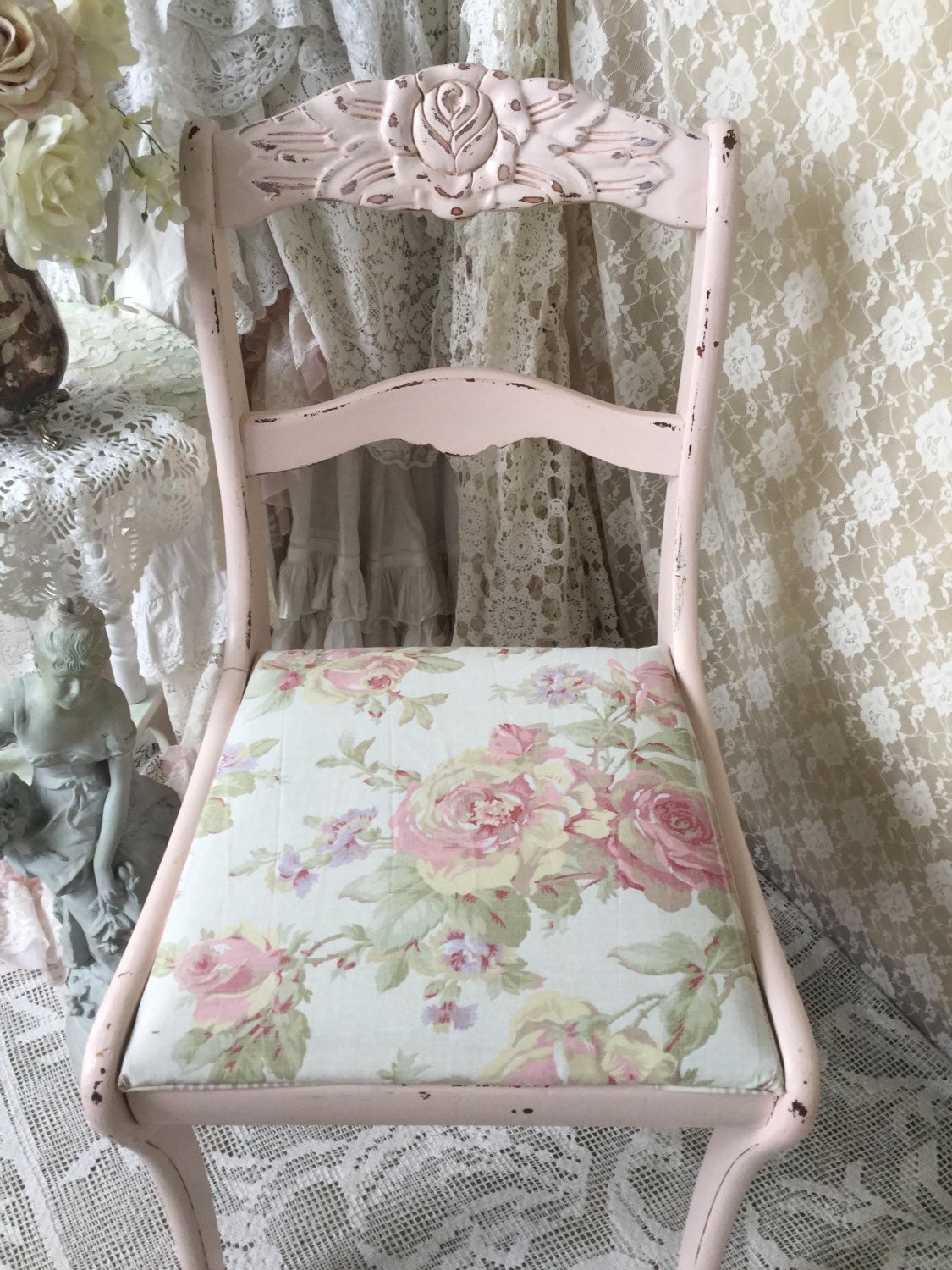 Shabbt Pink Carved Rose Chair, Vanity Bench, Pink and white floral