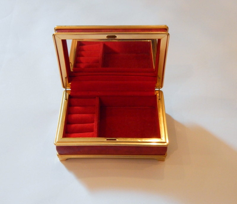 Vintage Jewelry Box Mid Century Small Red Velvet Jewelry
