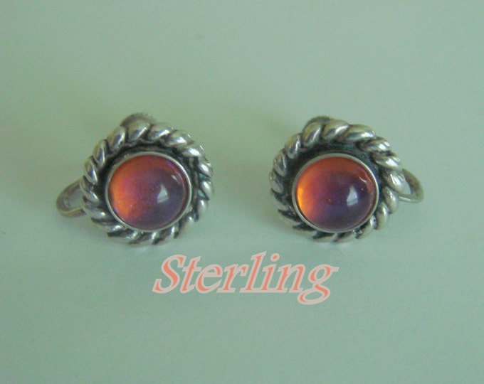 Sterling Screw Back Earrings / Pink Translucent Cabochons / 1940s / 5.3 Grams / Vintage Jewelry / Jewellery