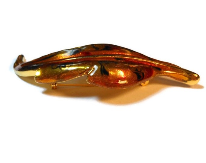 FREE SHIPPING Enamel leaf brooch, large 1980s designer gold enamel brooch pin, reddish orange and black swirls mixed in the enamel