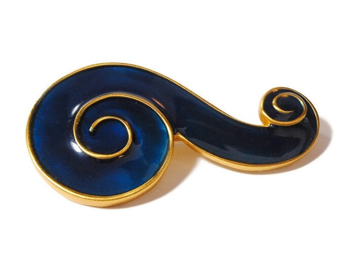 Anne Klein brooch, blue enamel swirl design with gold trim, swirl, mod