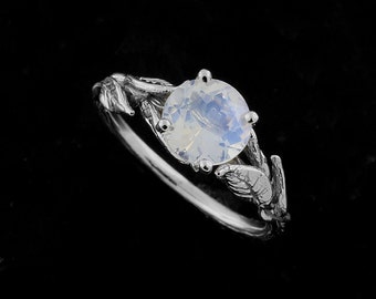 round moonstone engagement ring hand carved leaves engagement ring nature inspired solitaire ring - Moonstone Wedding Rings round moonstone engagement ring hand carved leaves engagement ring nature inspired solitaire ring - Moonstone Wedding Rings