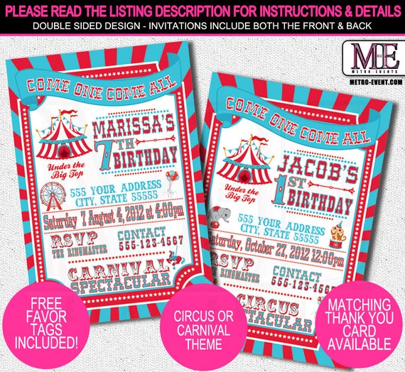 Vintage Circus Invitations, Carnival Invitations, Ticket Invitations, Carnival Invitation, Circus Invitation, Carnival Invite, Circus Invite Il_570xn