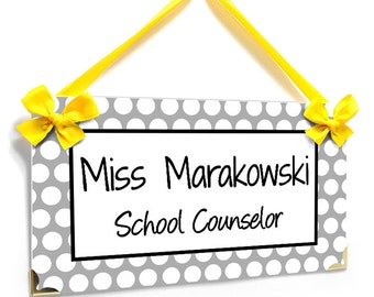 personalized school counselor classroom door sign - white and grey dots - graduation gift - P2175