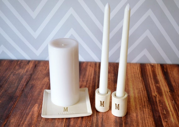 Personalized Unity Candle Ceremony Set with Ceramic Candle Holders