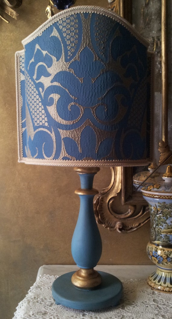 table 36 round inches Rubelli Vintage with Blue Gold and Table Wood Turned Lamp