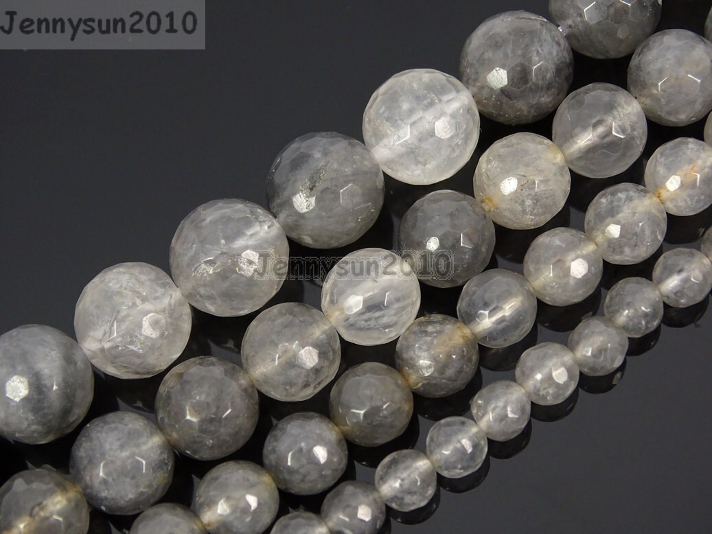 Natural Grey Cloudy Quartz Gemstone Faceted Round Beads