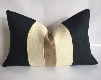 Black, Cream and Natural Burlap Lumbar Pillow Cover