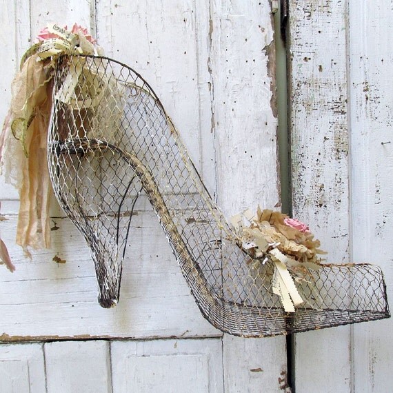 Huge wire mesh high heel shoe sculpture shabby cottage chic