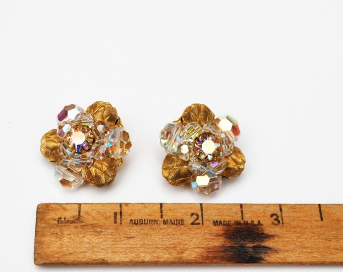 Crystal and Gold Cluster earrings Pat Pend AB glass clip on earrings