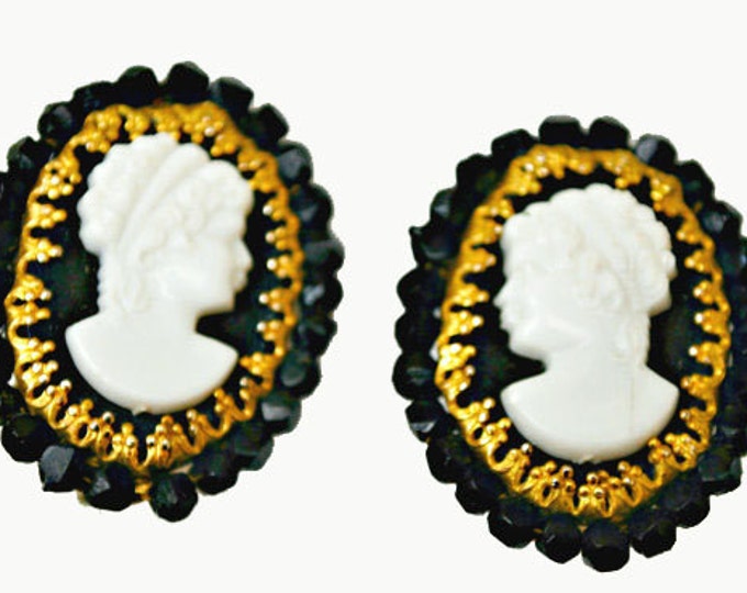 Cameo Earrings - Original by Robert - Black White and Gold - Clip on earring