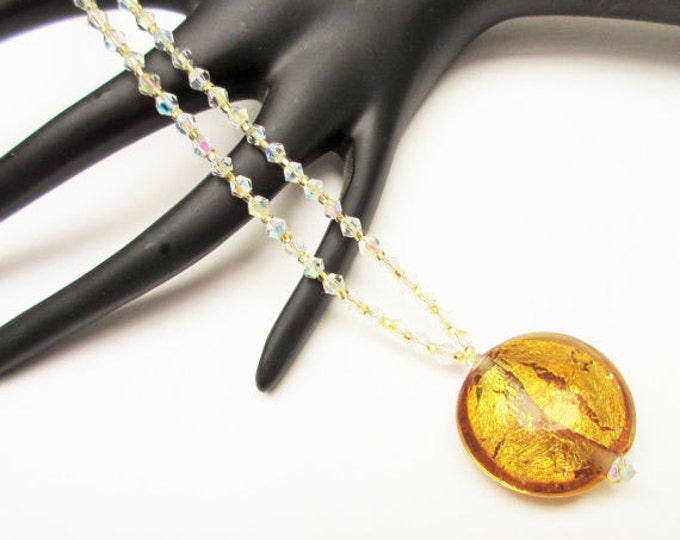 Murano Glass Bead Necklace with clear and amber color crystal glass beads