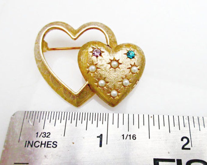 Double heart Brooch - Signed Emmons - Pearls and rhinestones
