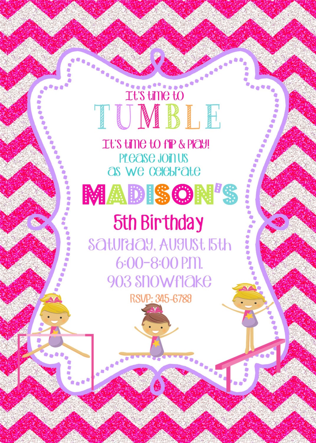 Gymnastics Birthday Party invitations printable or digital