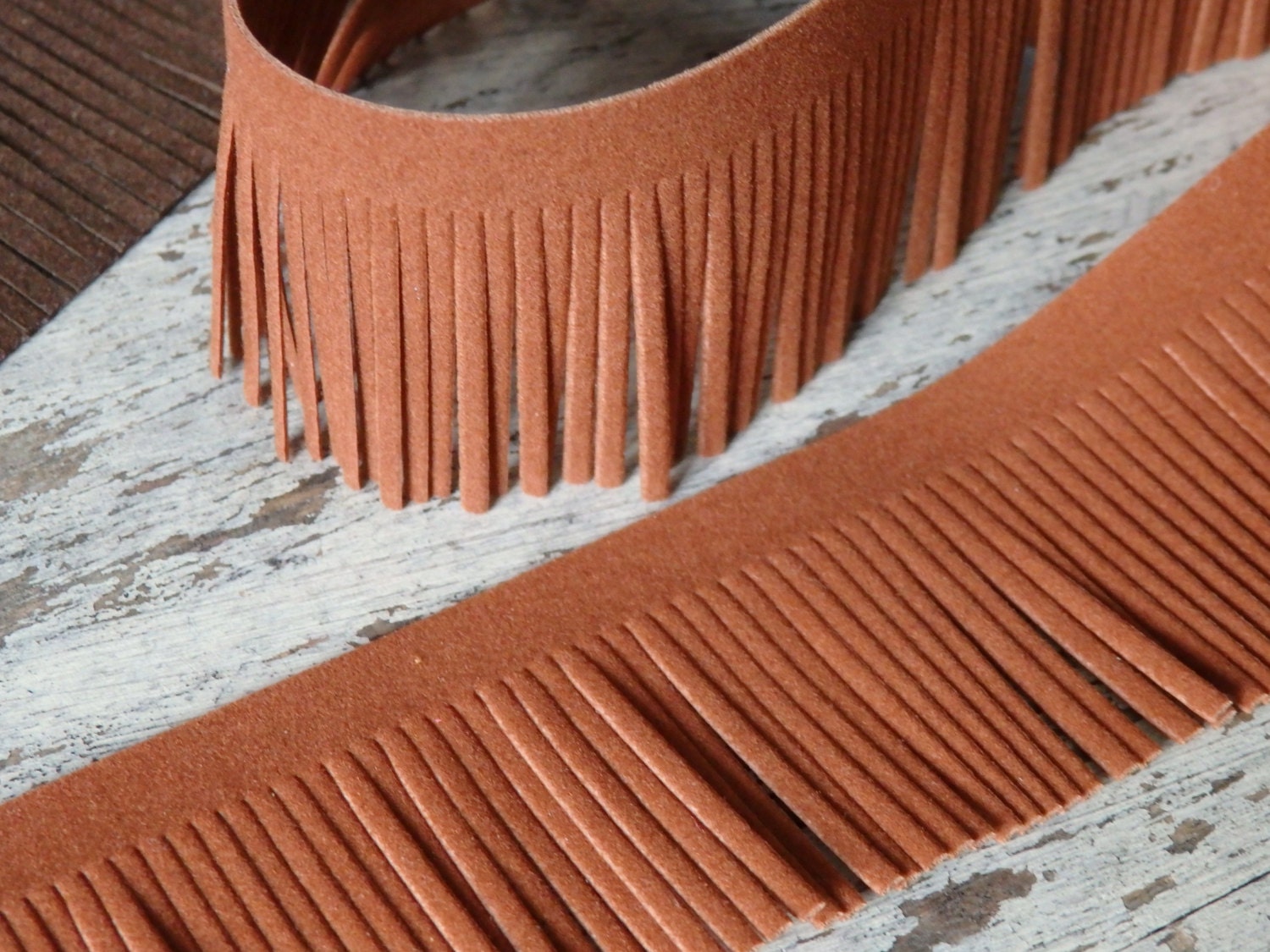 Faux suede fringe trim in terracotta one yard of fringed