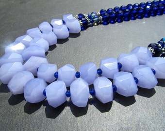 Blue Statement Necklace, Big Bold Chunky, Jade Necklace, Violet Jade, Nugget Necklace, Blue Crystal, Double Strand Bib, Gift for Mom 961
