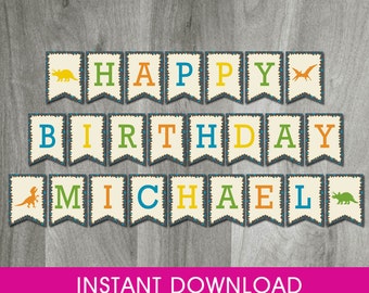 Dinosaur Party Banner, Self Editable, INSTANT DOWNLOAD, Birthday Party Bunting, Printable, DIY, T-Rex Decoration, Digital Pdf File