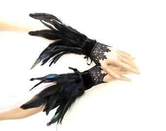 Goth raven crow feather cuff gauntlet wristbands burlesque halloween black feathers burlesque costume cosplay drag