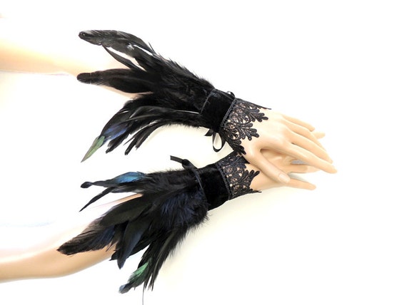 Goth raven crow feather cuff gauntlet wristbands by DeadDollsShop
