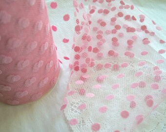 Pink Flocked POLKA Dot TULLE Mesh Ribbon
