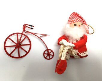 Vintage Christmas Ornaments, Santa, Bicycle, 1960, Taiwan, Japan