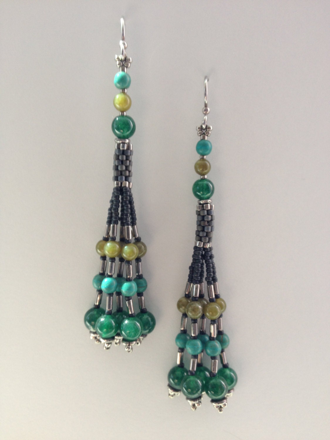 Seed Bead Woven Slate Gray and Silver Tube Earrings with