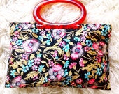 Vintage mid century boho vinyl pink floral lucite orange amber tortoise shell handles cloth  hand tote makeup travel clutch purse handbag ba