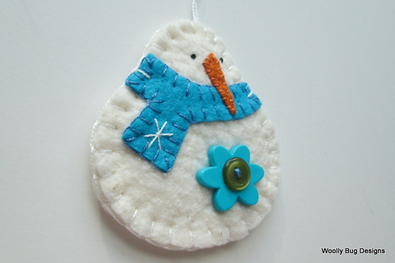 Cotton Batting Snowman Turquoise Blue Wool Felt Scarf with