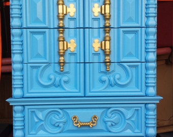 70's Hollywood Regency Style Chest of Drawers in High Gloss Laacquer Ethereal Blue - sold example of custom order