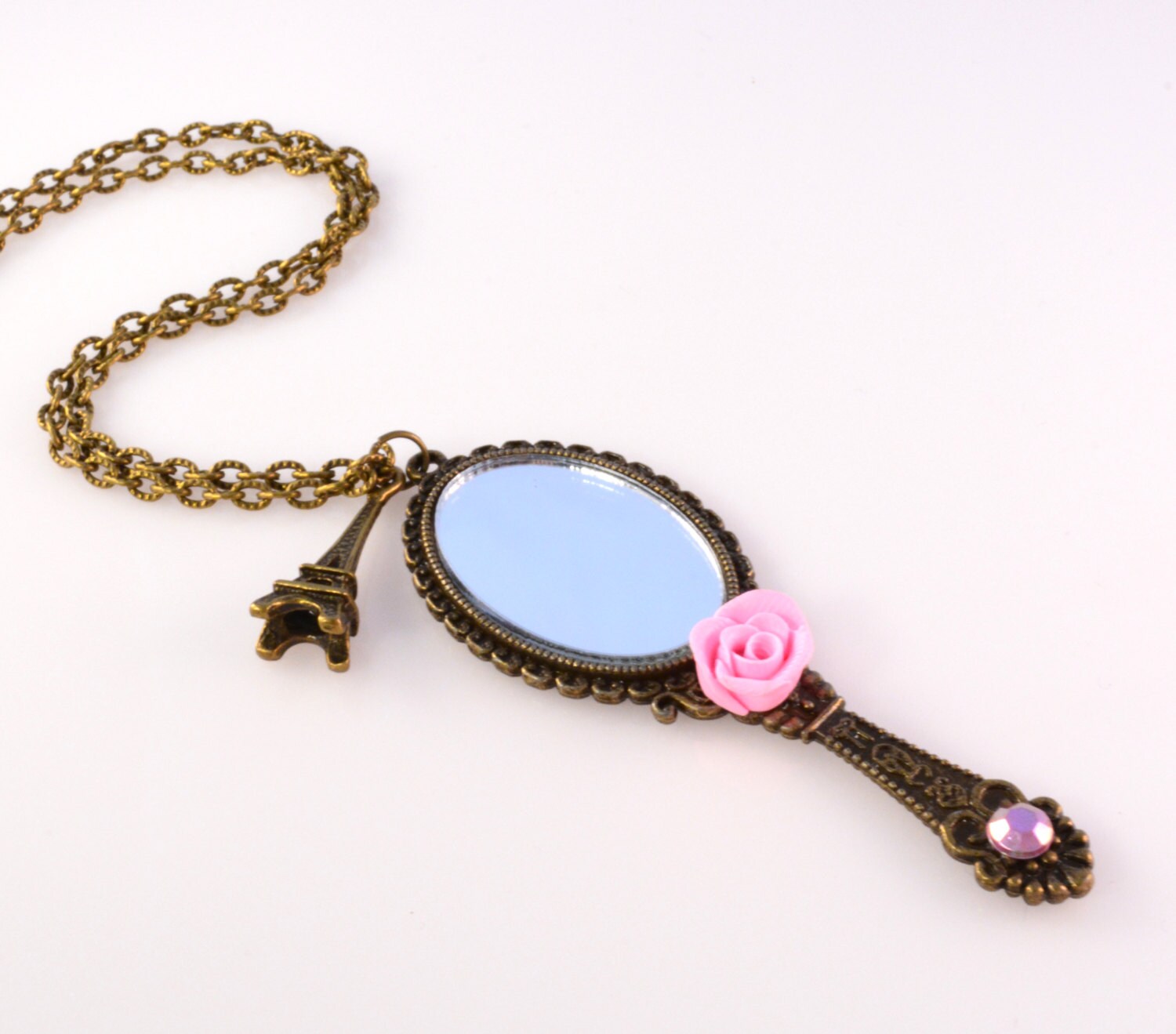 Antique Bronze Rose Mirror Necklace Love by DebraMarieDesigns