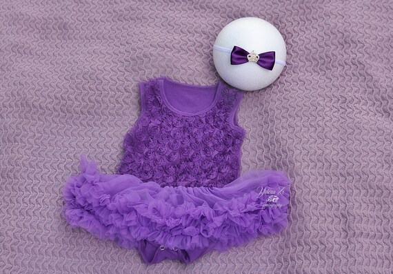 731 New baby headband kl 82 Purple Lace Rompers Dress with Bow headband  set / Baby Infant Girl   