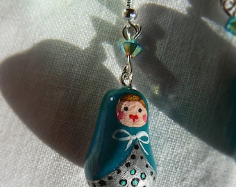 Dangling earrings Russian dolls - matriochka - Peacock blue or green