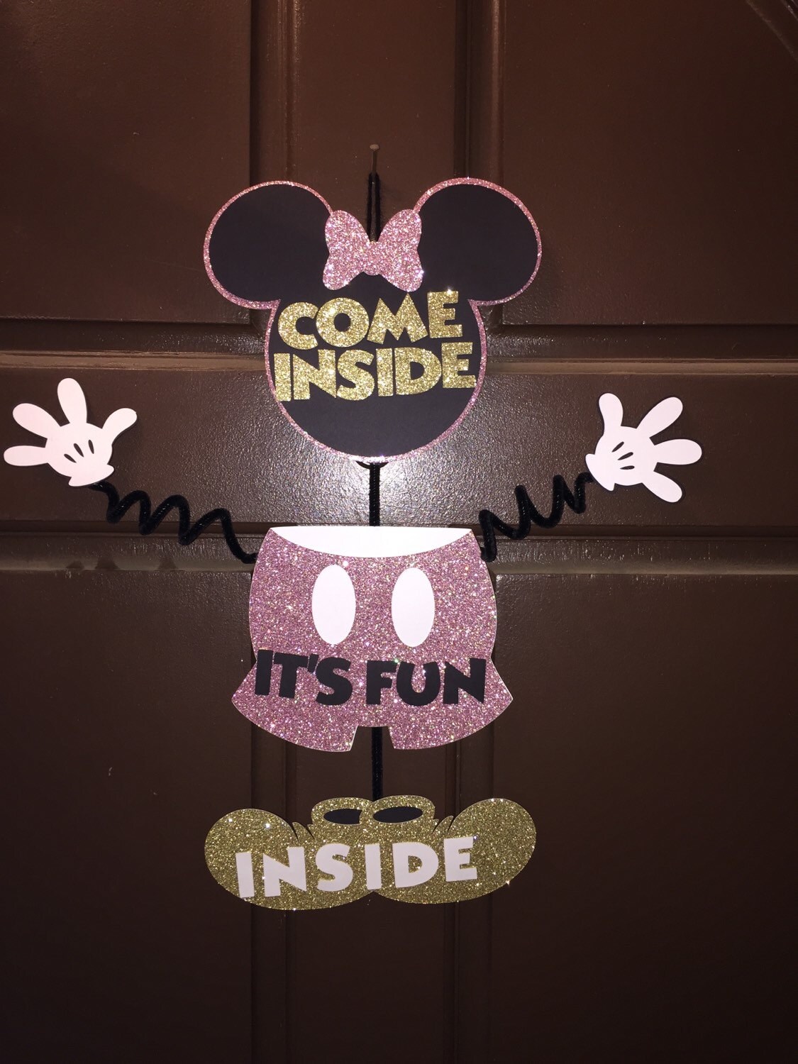 Minnie Mouse Pink and Gold Glitter Door Hanger Come Inside