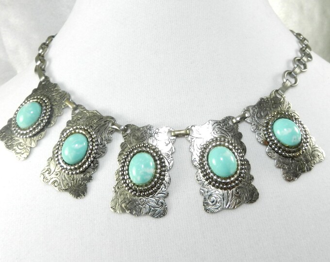 Antique Necklace Book Chain Necklace, Silver Plate Panels Engraved with Faux Turquoise Cabochons, vintage Jewelry Jewellry