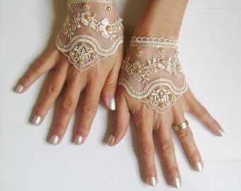 Light beige, Black, white, ivory, pink, Wedding gloves bridal gloves fingerless lace gloves beaded pearl and rhinestone free ship 262