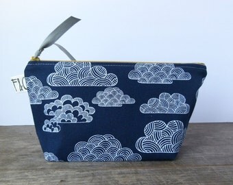 Indigo Clouds Organic Canvas Cosmetic Bag, Bridesmaid Gift, Holiday Gift, Navy Canvas Pouch, Pencil Case, Navy Toiletry Bag, Travel Bag