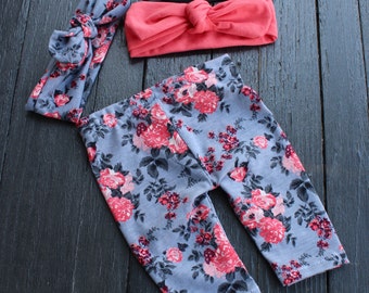 Grey & Coral Floral Leggings/Newborn Baby Coming Home Outfit/Modern baby outfit/Hipster /newborn outfit/Going home outfit
