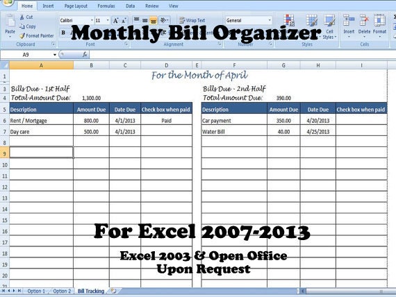 Monthly Bill Organizer Bill Tracker Calculates Total Due