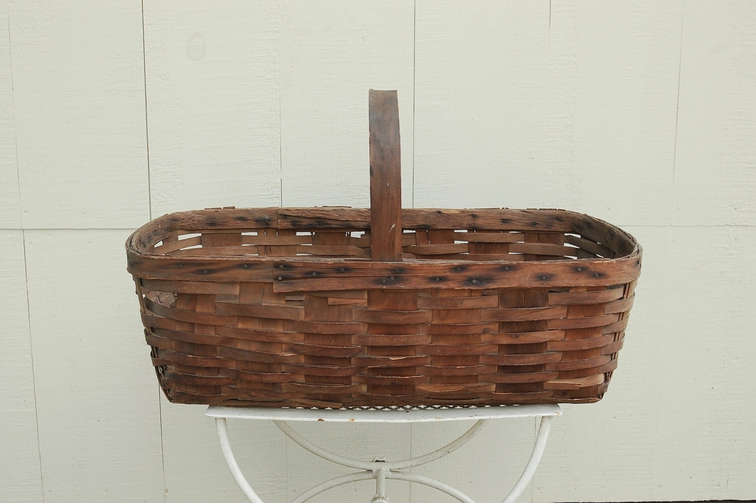 Large Wood Splint Gathering Basket Antique Farmhouse Woven