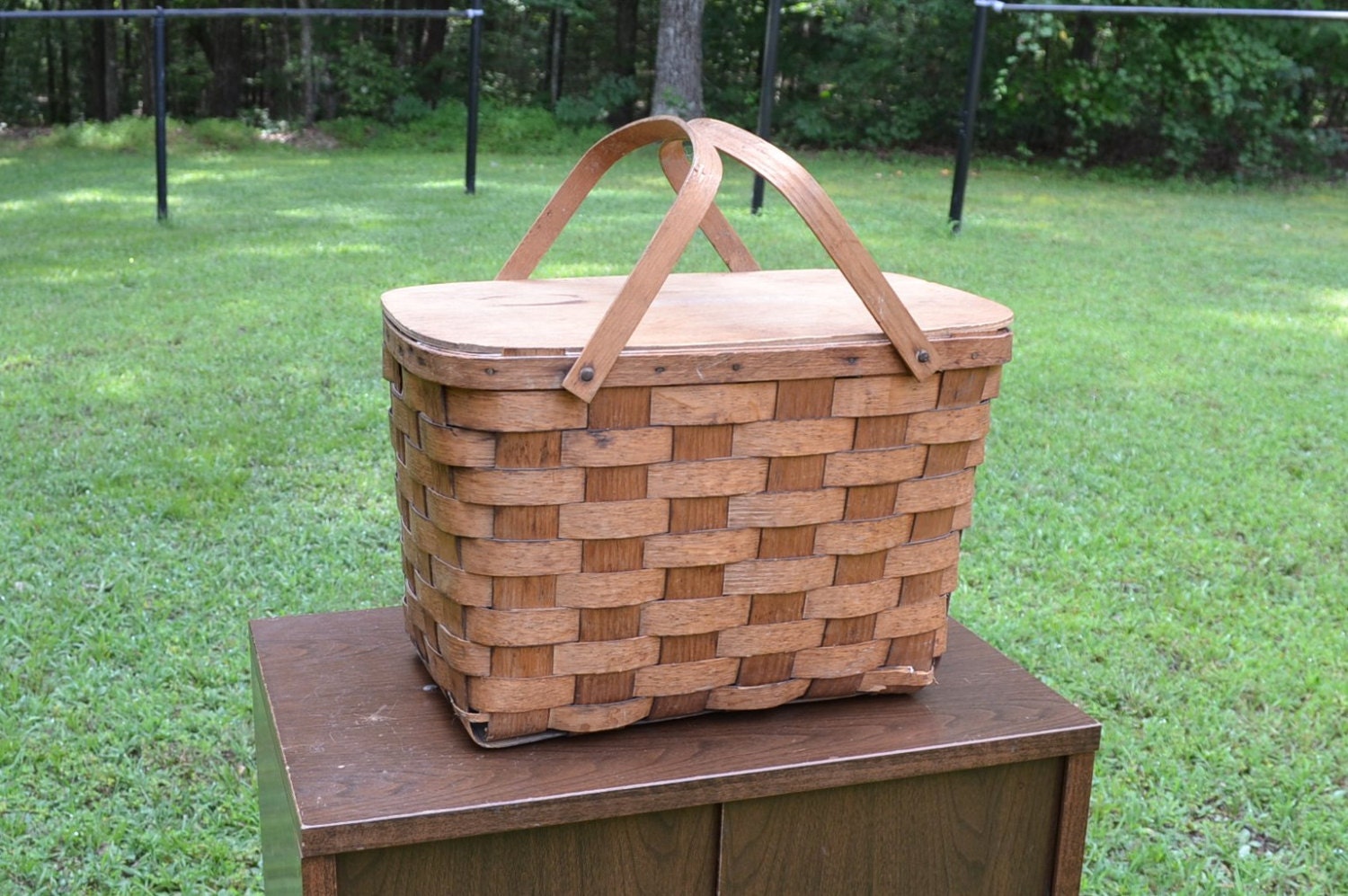 Vintage Picnic Basket Woven Wood Storage Home Decor Rustic