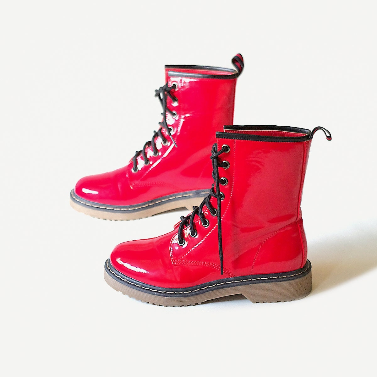 red lace up combat boots patent leather candy color military